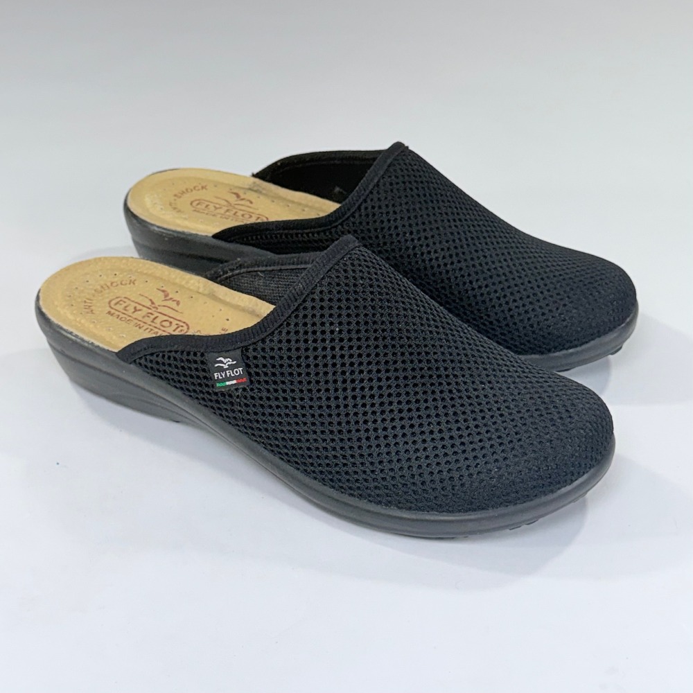 Fly Flot Mule Clog Women 39 Black Mesh Slip On Italy Comfort Anatomic Anti Shock